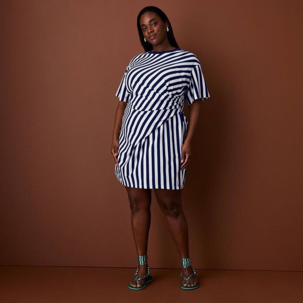 Women's Short Sleeve Striped Jersey Wrap Mini Dress - Navy Blue 3X